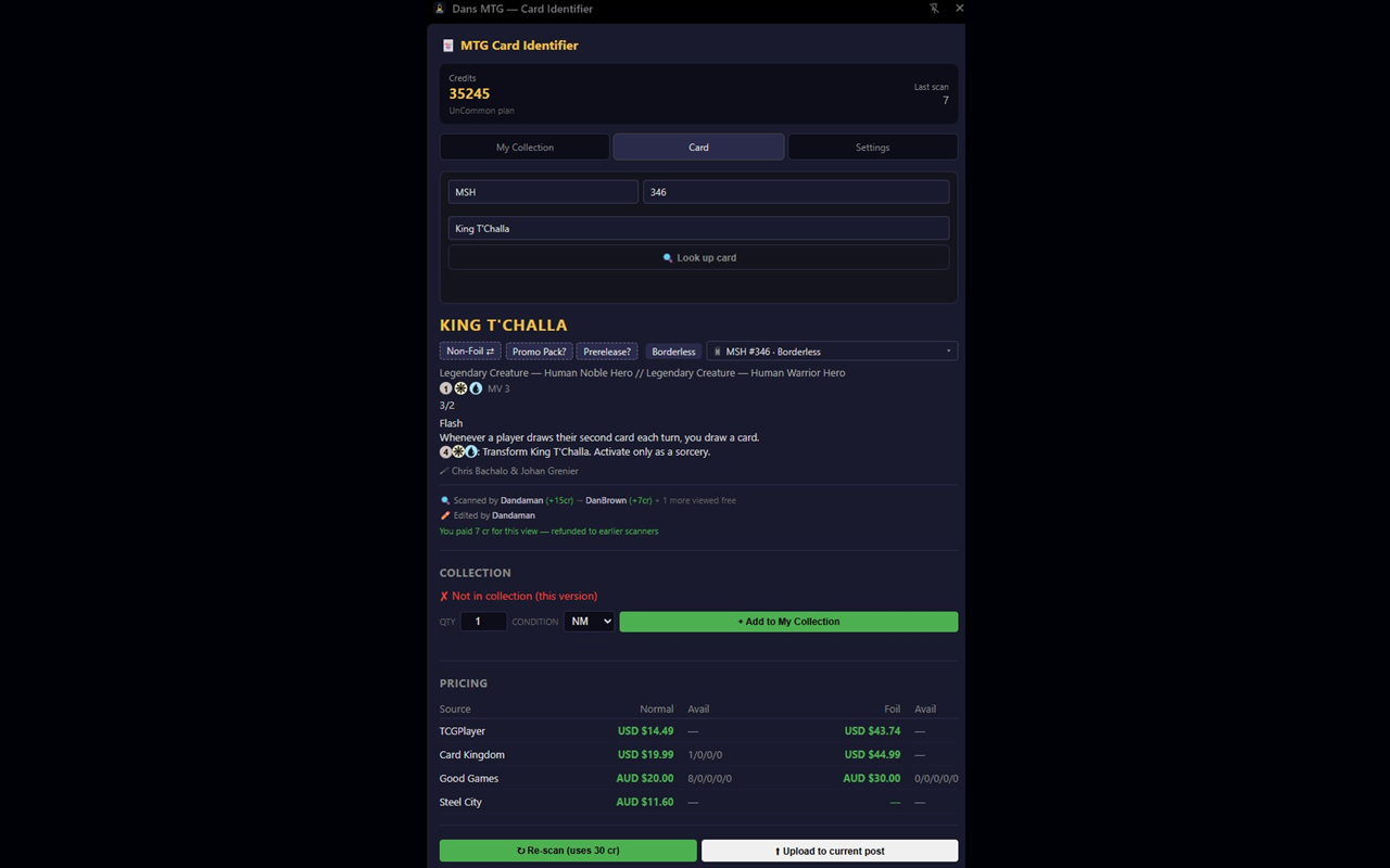 Dans MTG card lookup showing card details, collection status and live pricing from multiple stores