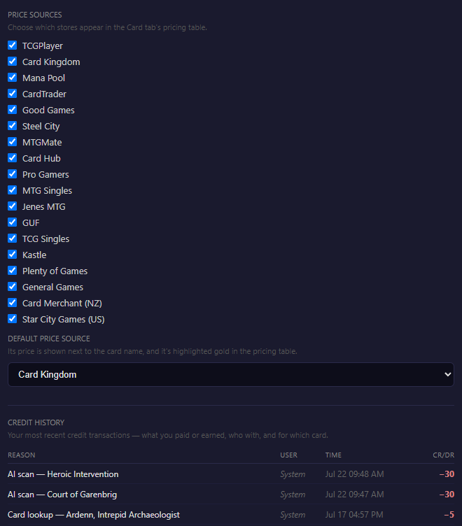 Dans MTG settings showing the full price sources list, default price source, credit history and account options