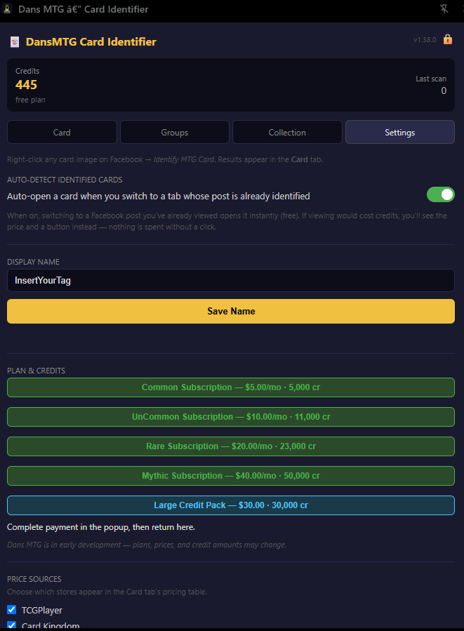 Dans MTG settings showing display name, plan and credits, and the start of the selectable price sources list
